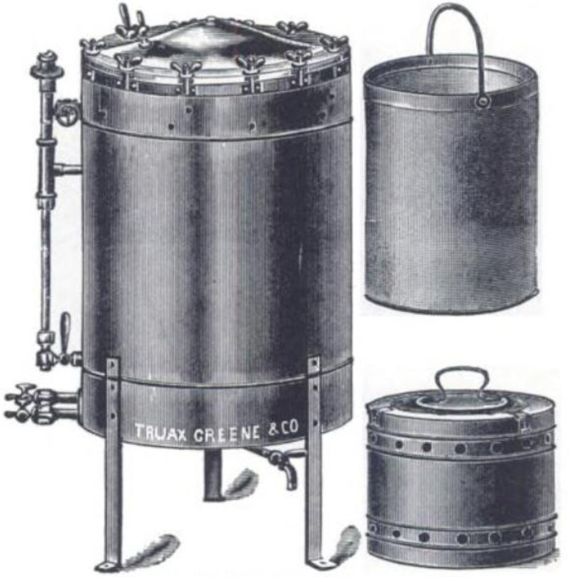 Historic steam steriliser used for sterilising surgical instruments (illustrative image)
