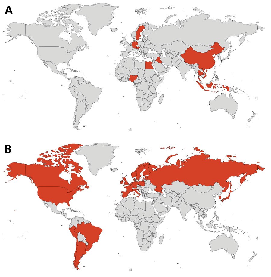 Map showing geographic locations of mammal species previously affected by highly pathogenic avian influenza A(H5N1) in earlier and recent waves (illustrative of H5N1 spread across species).